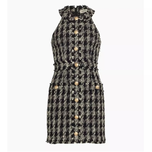 NWT$475 L'AGENCE Jade Tweed Button Mini Dress Houndstooth Black White Gold US 10 - Picture 4 of 16